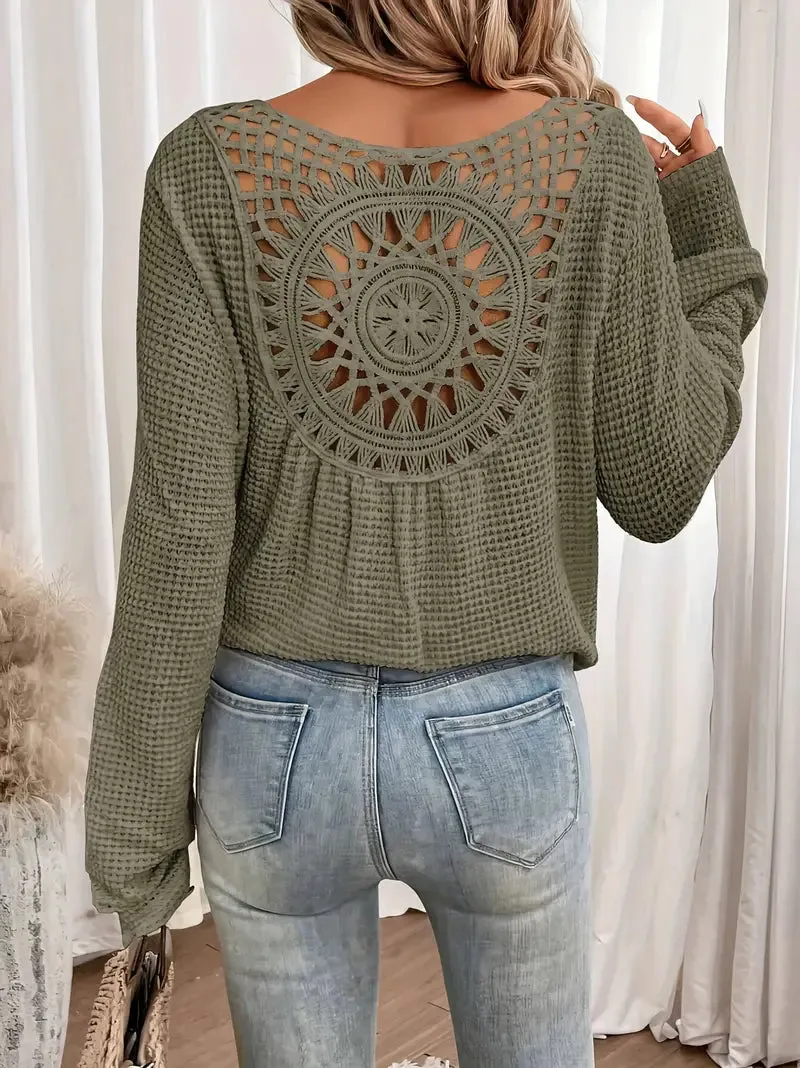 Open-Back Waffle Knit Long Sleeve Top