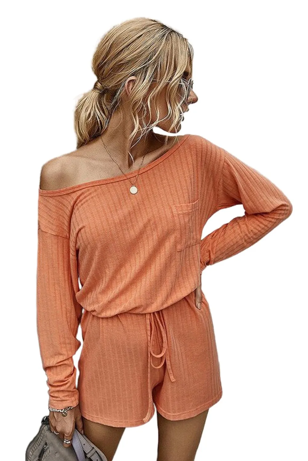 Orange Ribbed Drawstring Waist Long Sleeve Romper