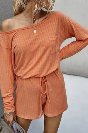 Orange Ribbed Drawstring Waist Long Sleeve Romper