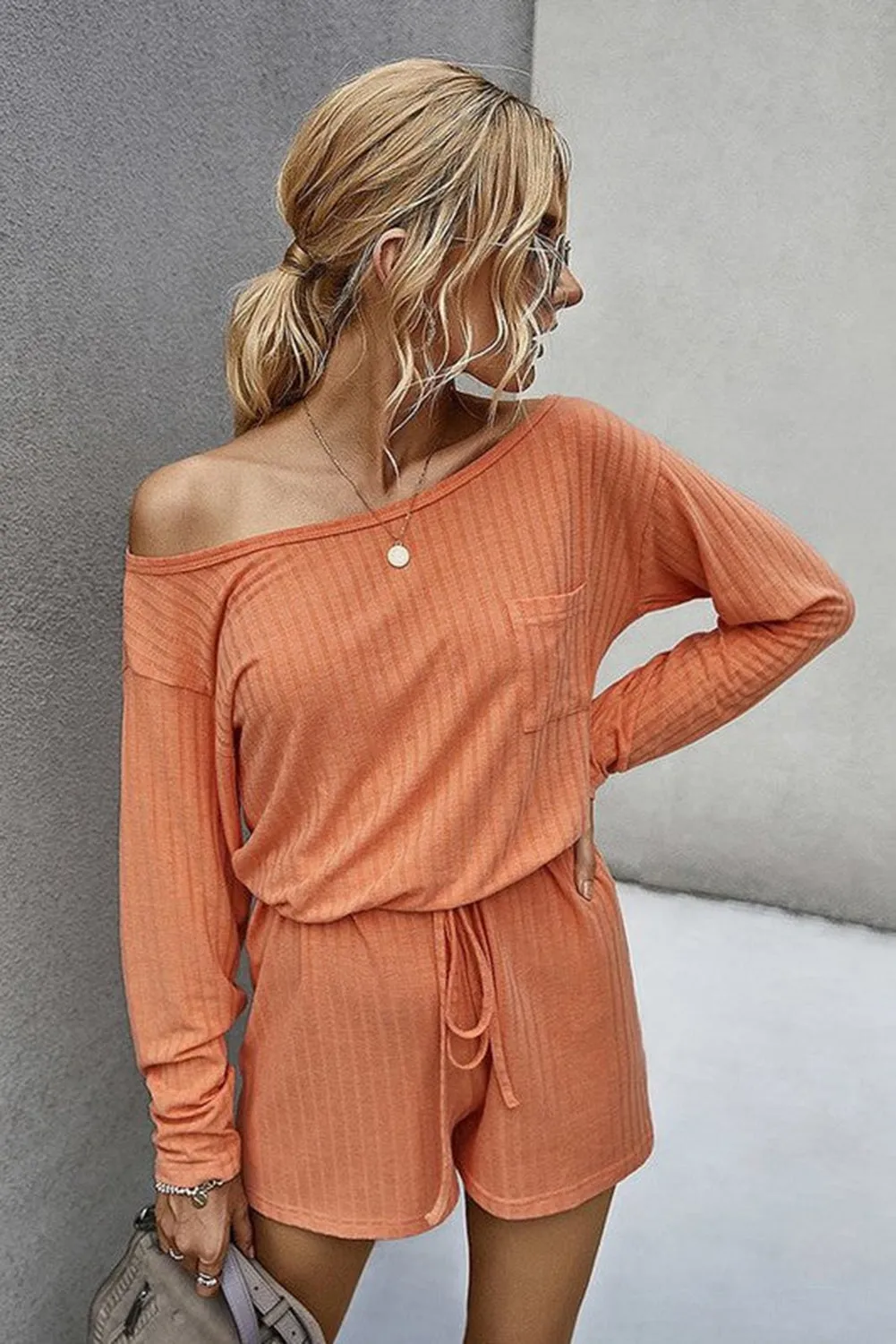 Orange Ribbed Drawstring Waist Long Sleeve Romper