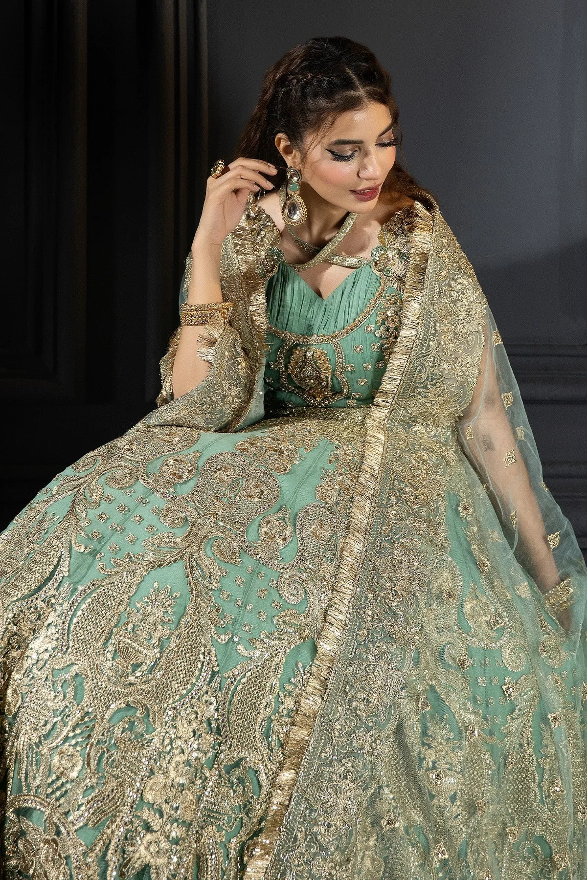 Pastel Mint Green Embroidered Designer Pakistani Wedding Wear Pishwas