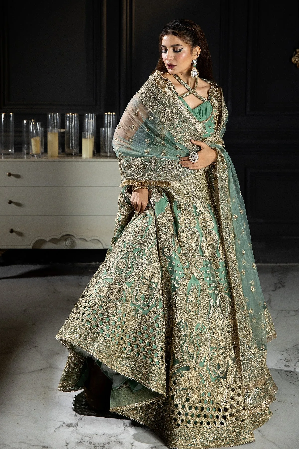 Pastel Mint Green Embroidered Designer Pakistani Wedding Wear Pishwas
