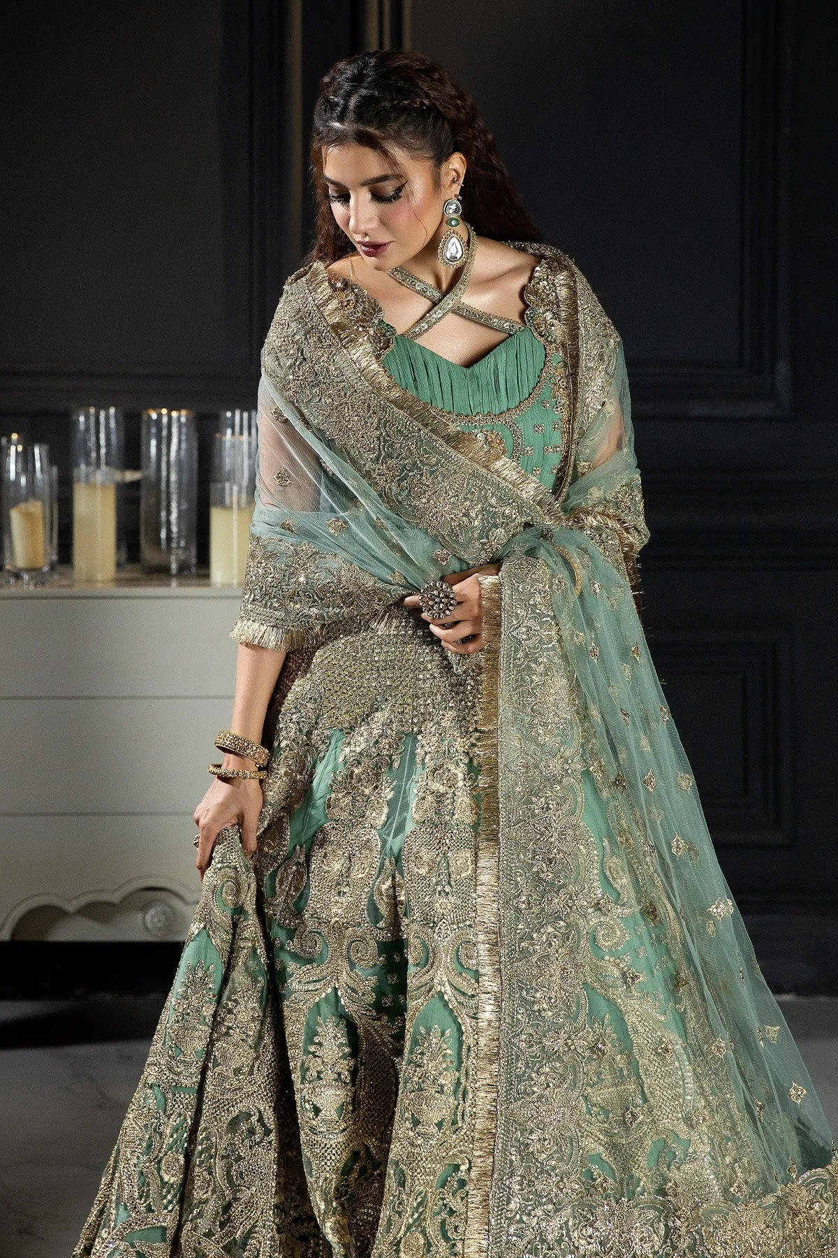 Pastel Mint Green Embroidered Designer Pakistani Wedding Wear Pishwas