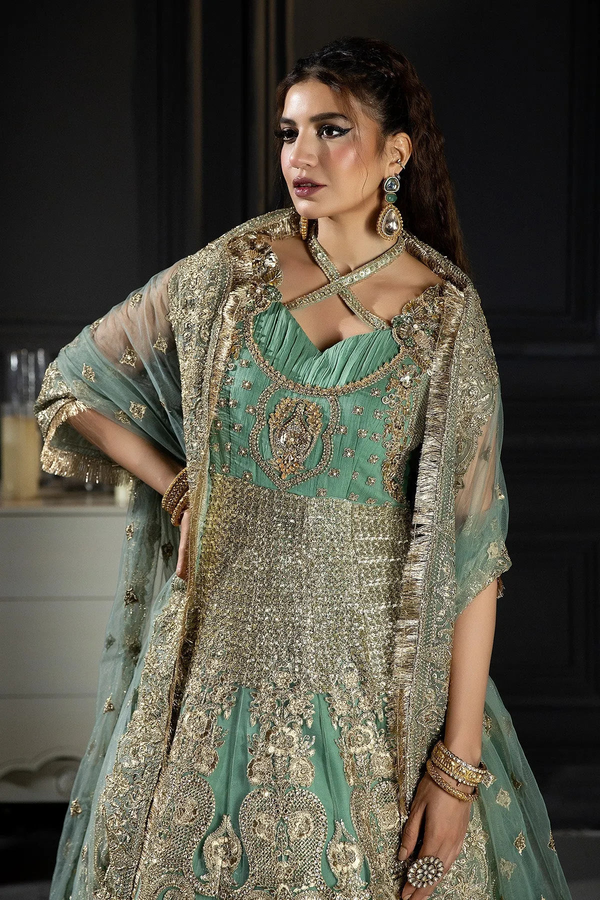 Pastel Mint Green Embroidered Designer Pakistani Wedding Wear Pishwas