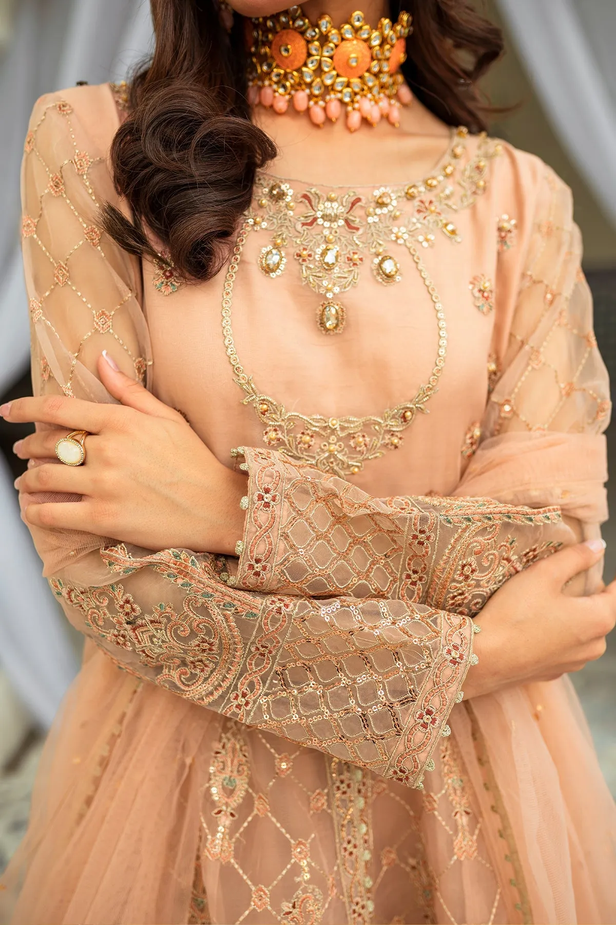 Peach Embroidered Double Layered Pishwas Pakistani Wedding Dress