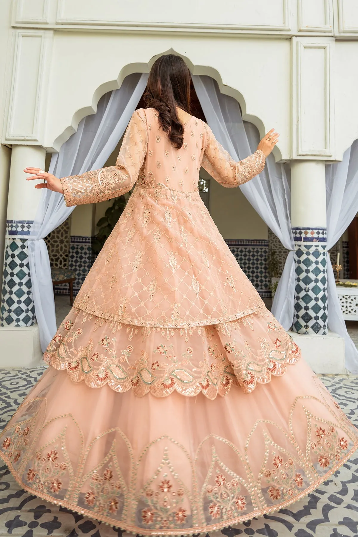 Peach Embroidered Double Layered Pishwas Pakistani Wedding Dress