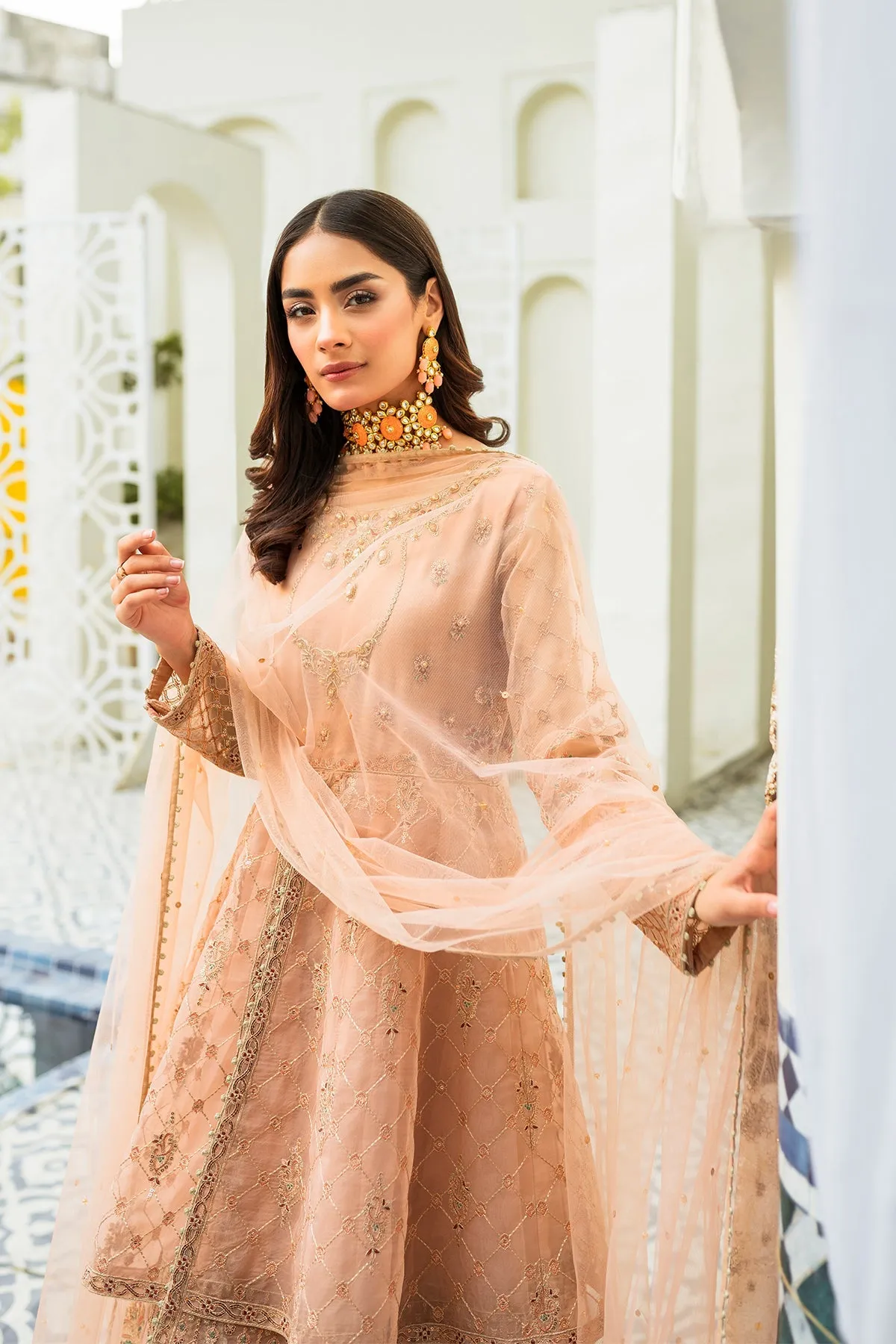 Peach Embroidered Double Layered Pishwas Pakistani Wedding Dress