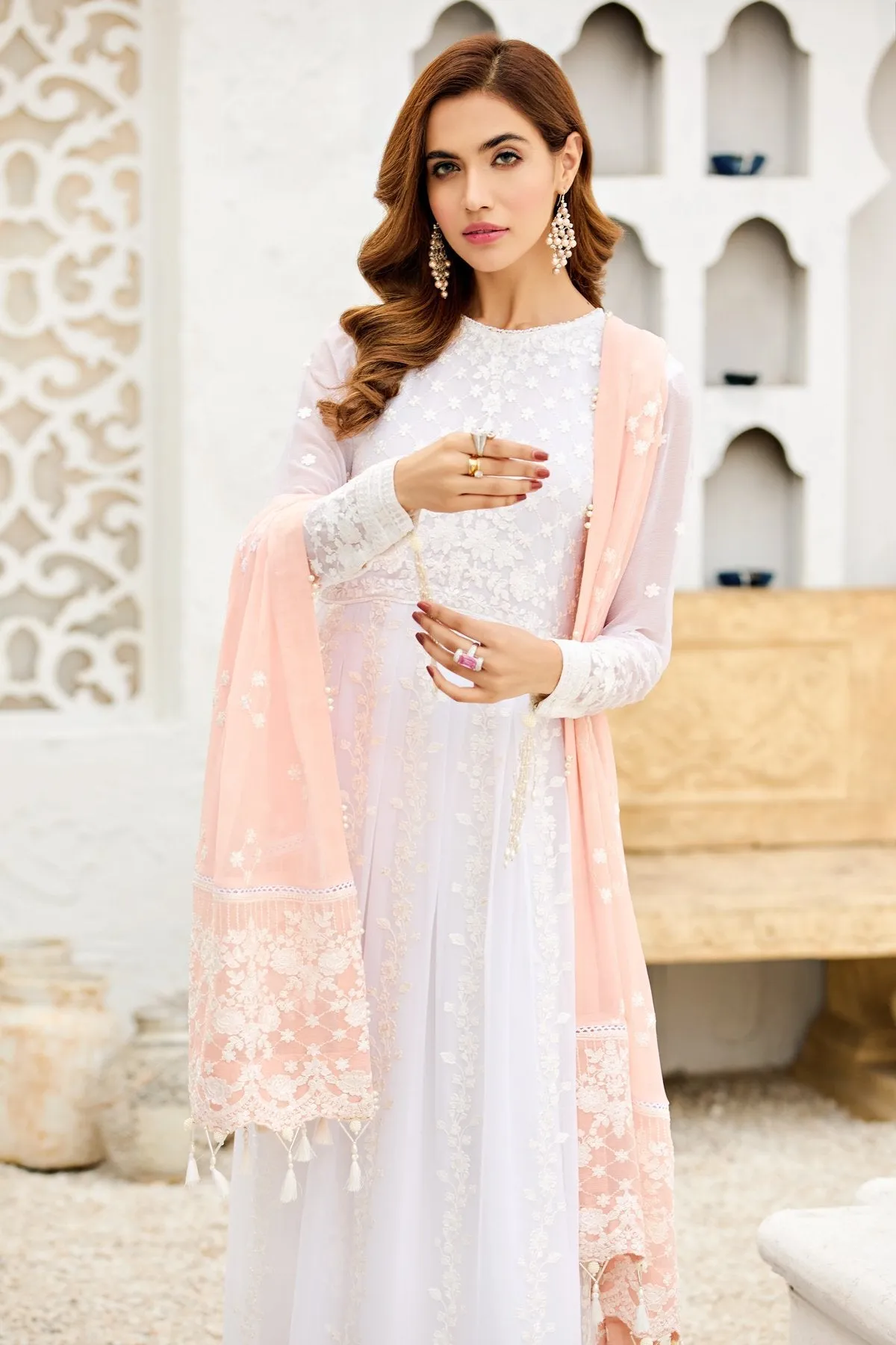 Pearl White Pakistani Embroidered Long Frock with Peach Dupatta