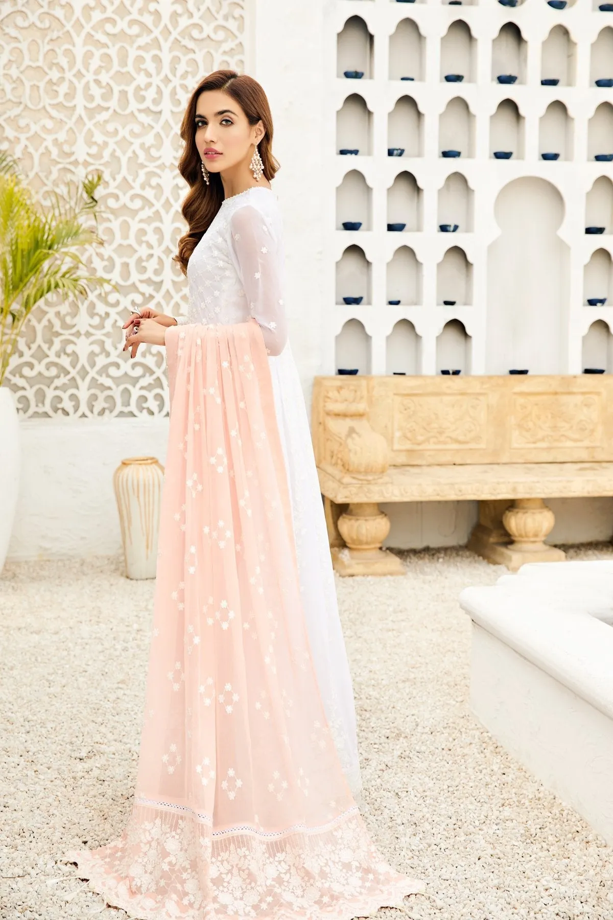 Pearl White Pakistani Embroidered Long Frock with Peach Dupatta