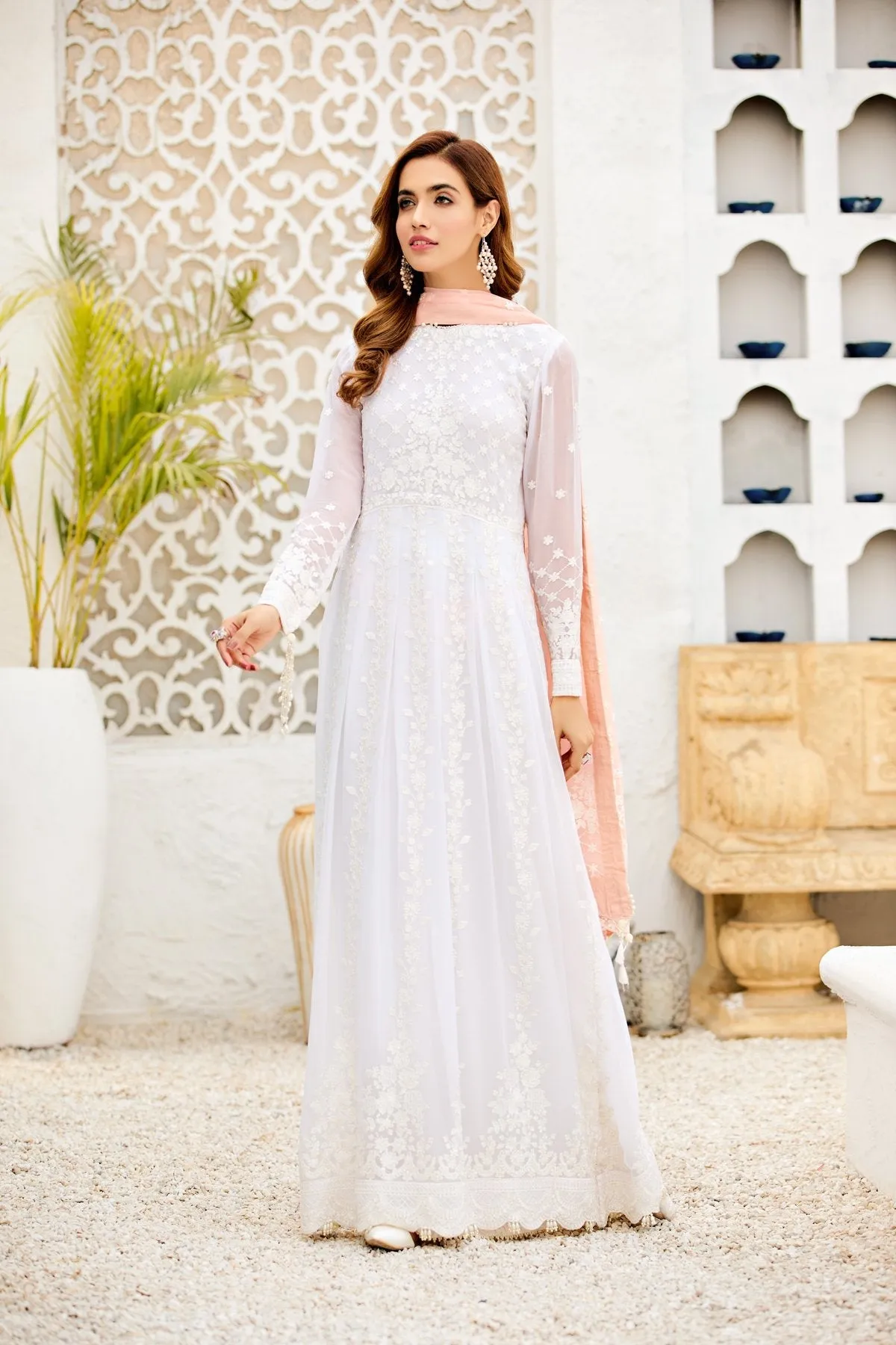 Pearl White Pakistani Embroidered Long Frock with Peach Dupatta