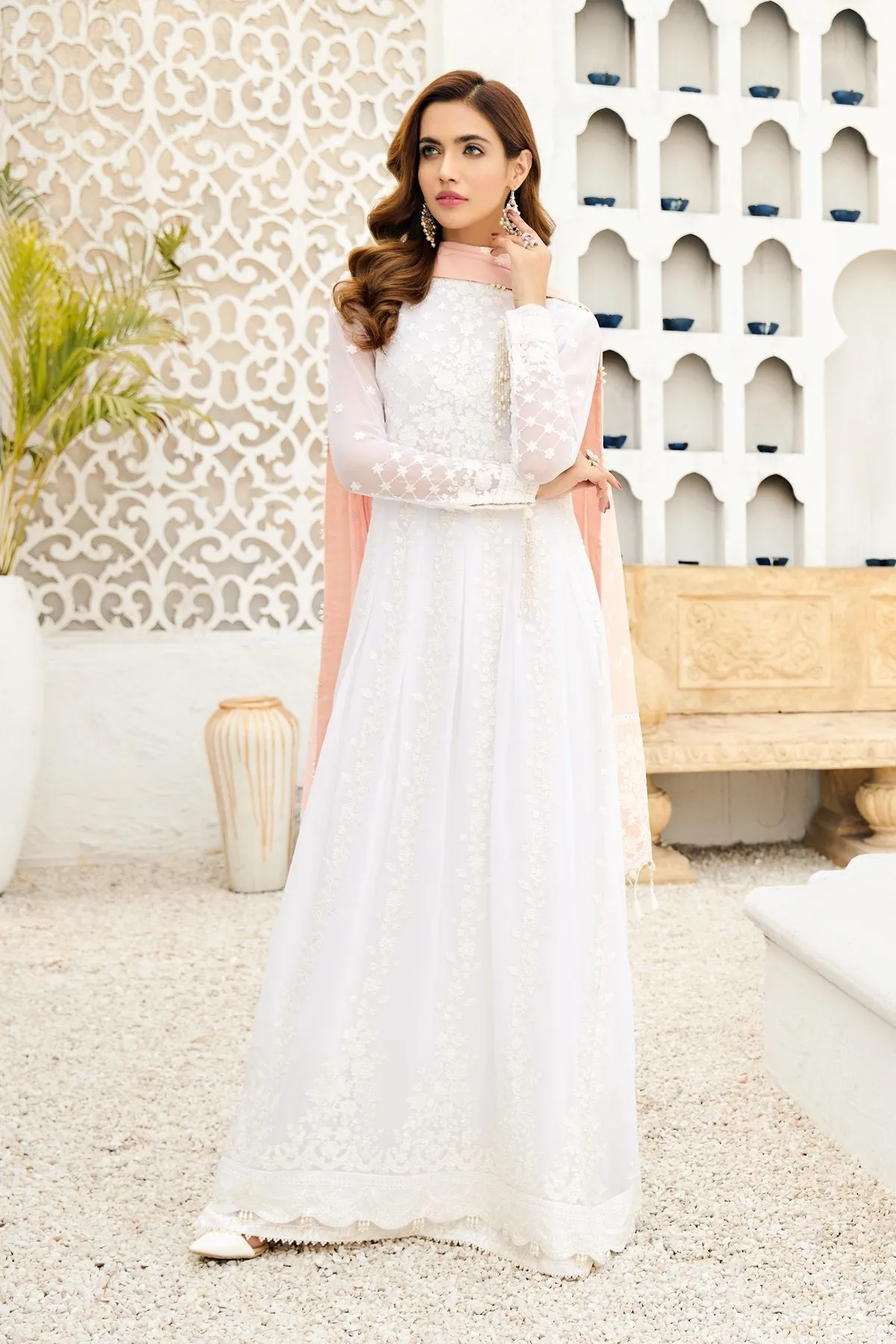 Pearl White Pakistani Embroidered Long Frock with Peach Dupatta