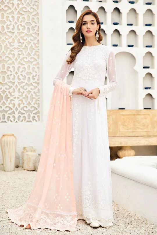 Pearl White Pakistani Embroidered Long Frock with Peach Dupatta