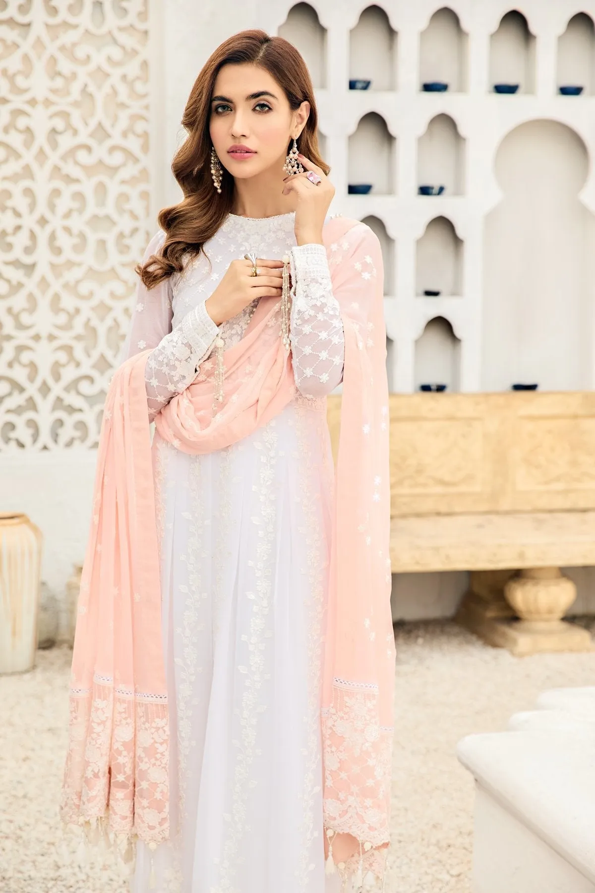 Pearl White Pakistani Embroidered Long Frock with Peach Dupatta