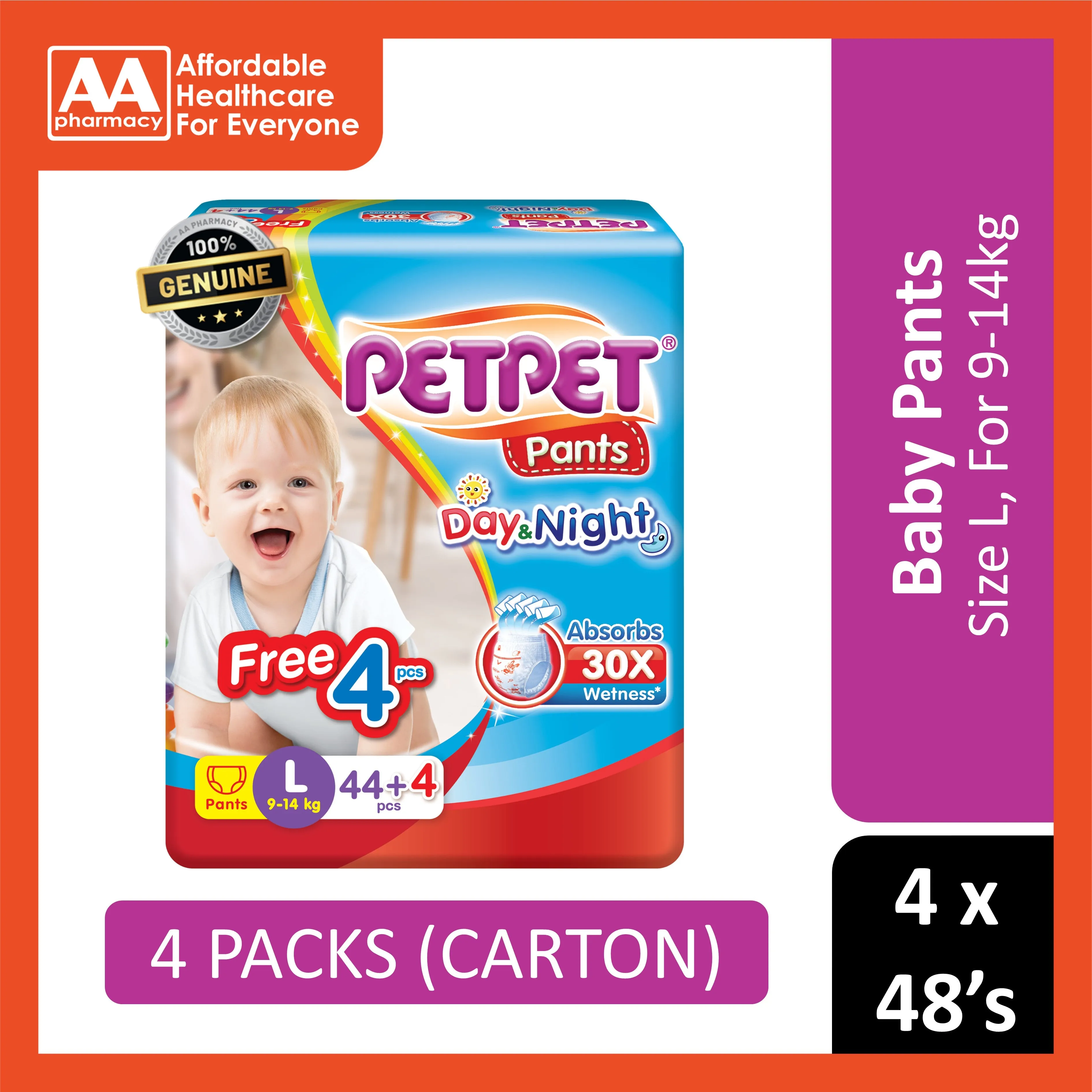 PetPet Day and Night Baby Pants Size L 44's 4's (For 9-14kg) [4 Packs/Carton]
