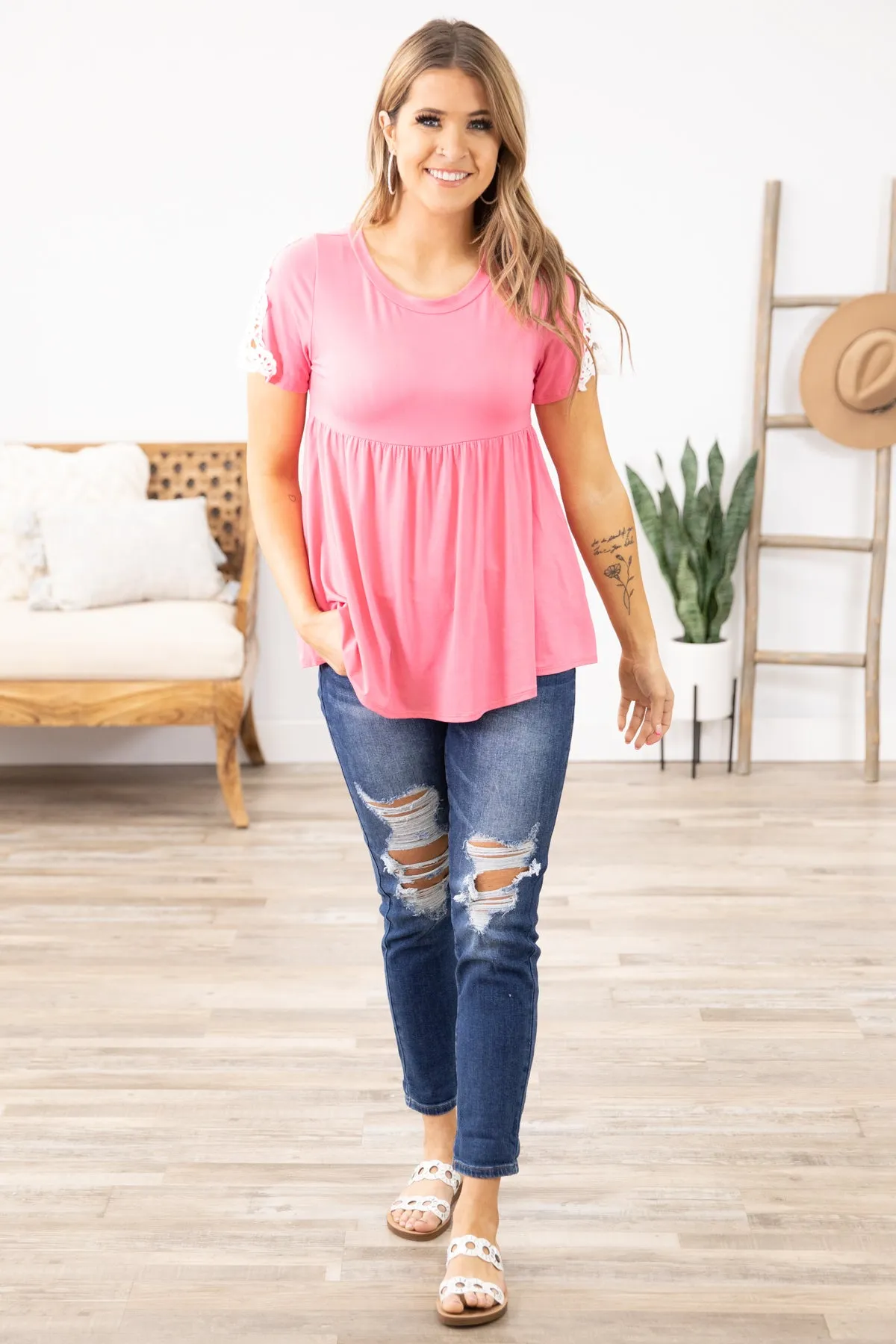 Pink Crochet Sleeve Detail Babydoll Top