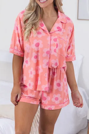 Pink Flower Print Buttoned Drawstring Waist Lounge Set