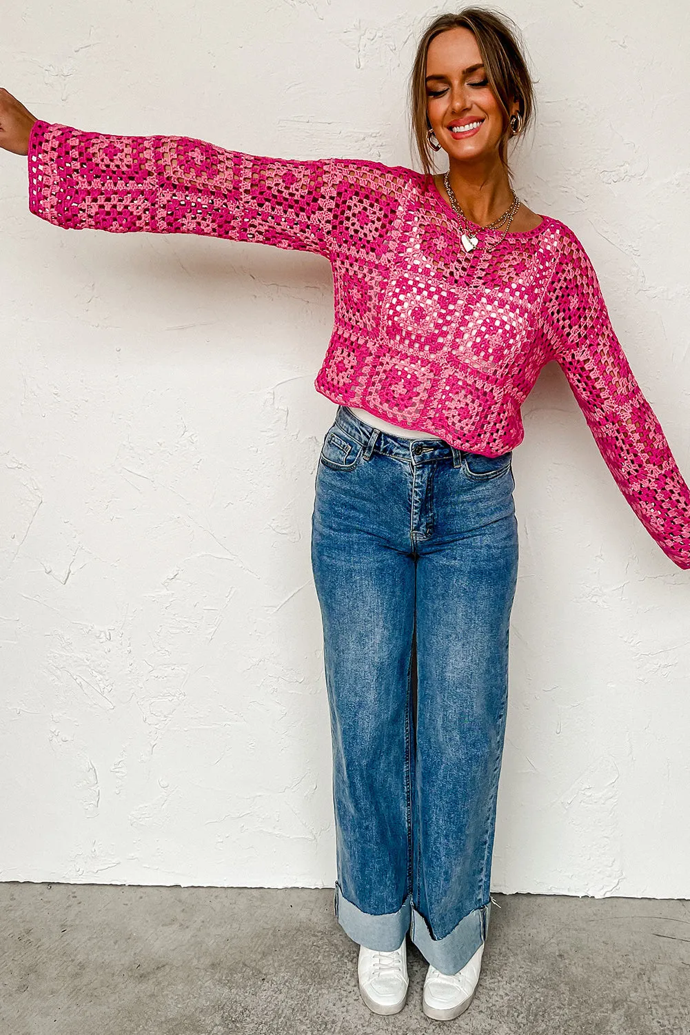 Pink Geometric Pattern Pointelle Crochet Long Sleeve Top
