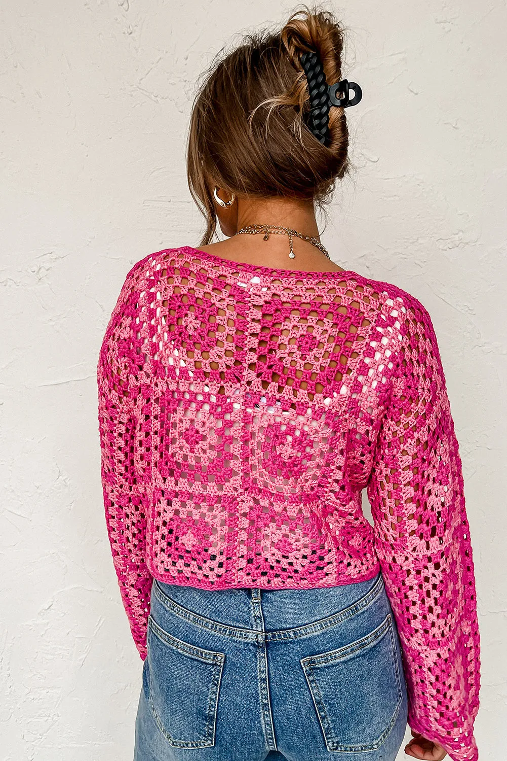 Pink Geometric Pattern Pointelle Crochet Long Sleeve Top