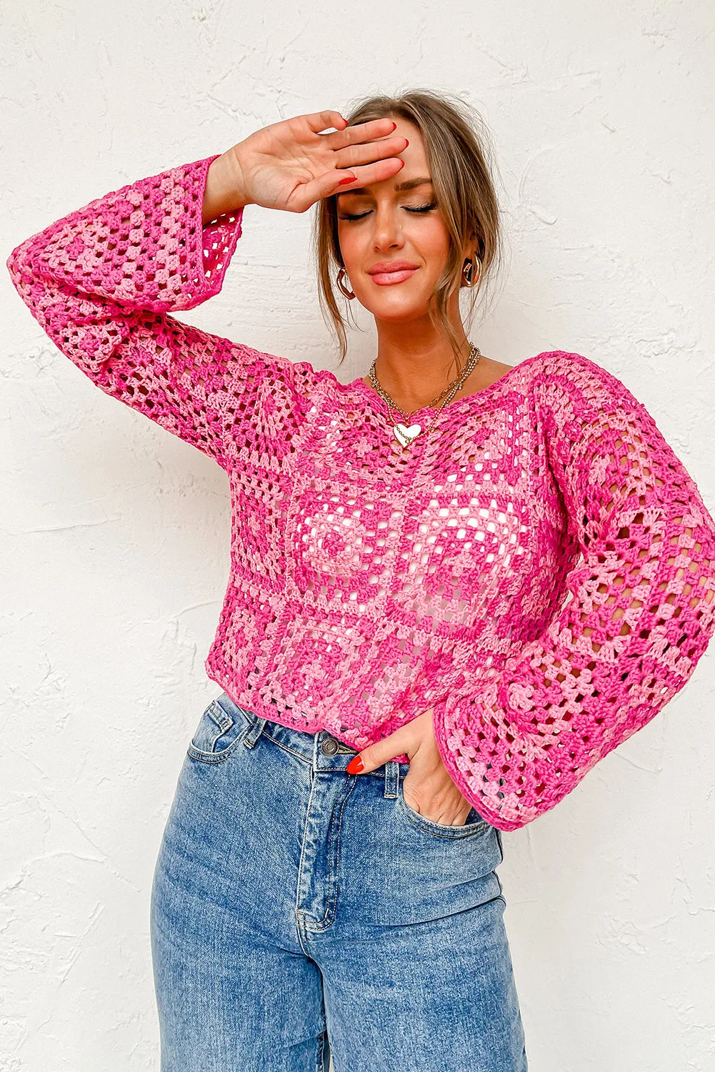 Pink Geometric Pattern Pointelle Crochet Long Sleeve Top