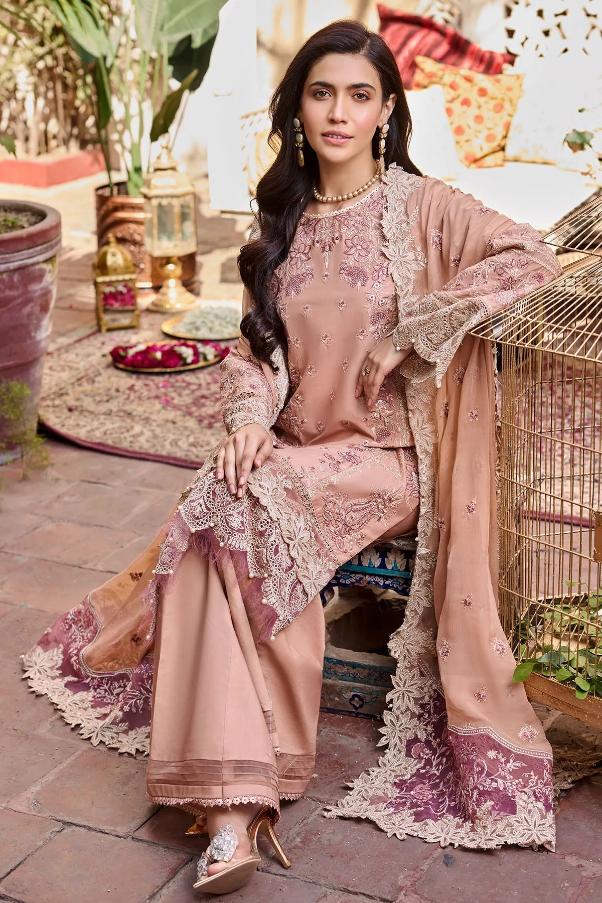 Pink Pakistani Embroidered Kameez Trousers with Dupatta Eid Dress