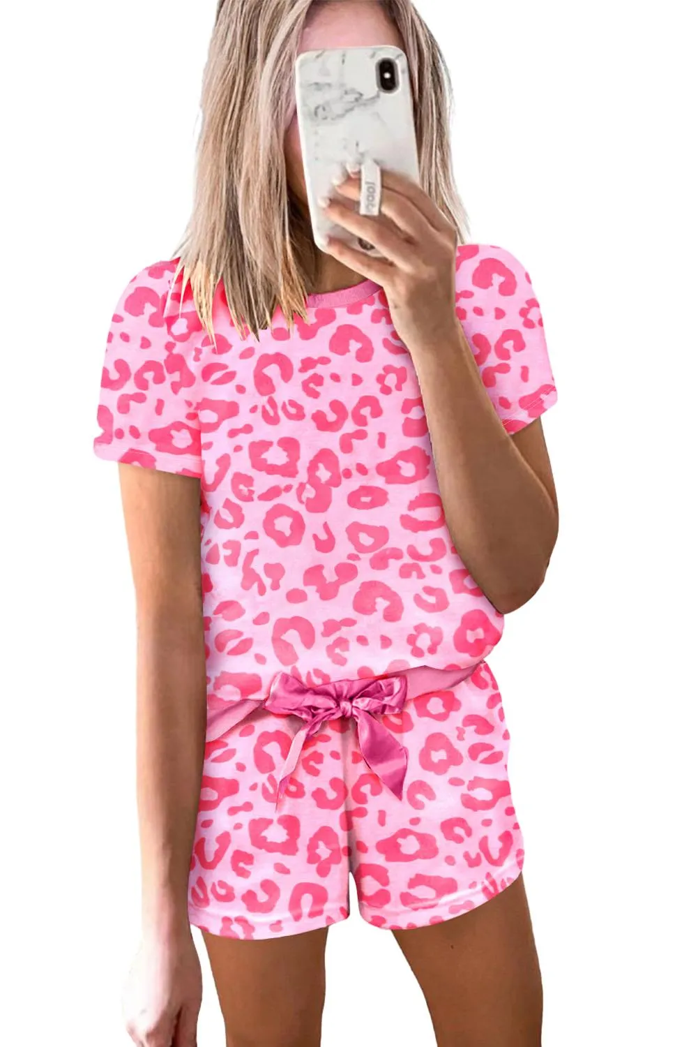 Pink Satin Drawstring Leopard Print Short Lounge Set