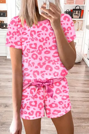 Pink Satin Drawstring Leopard Print Short Lounge Set