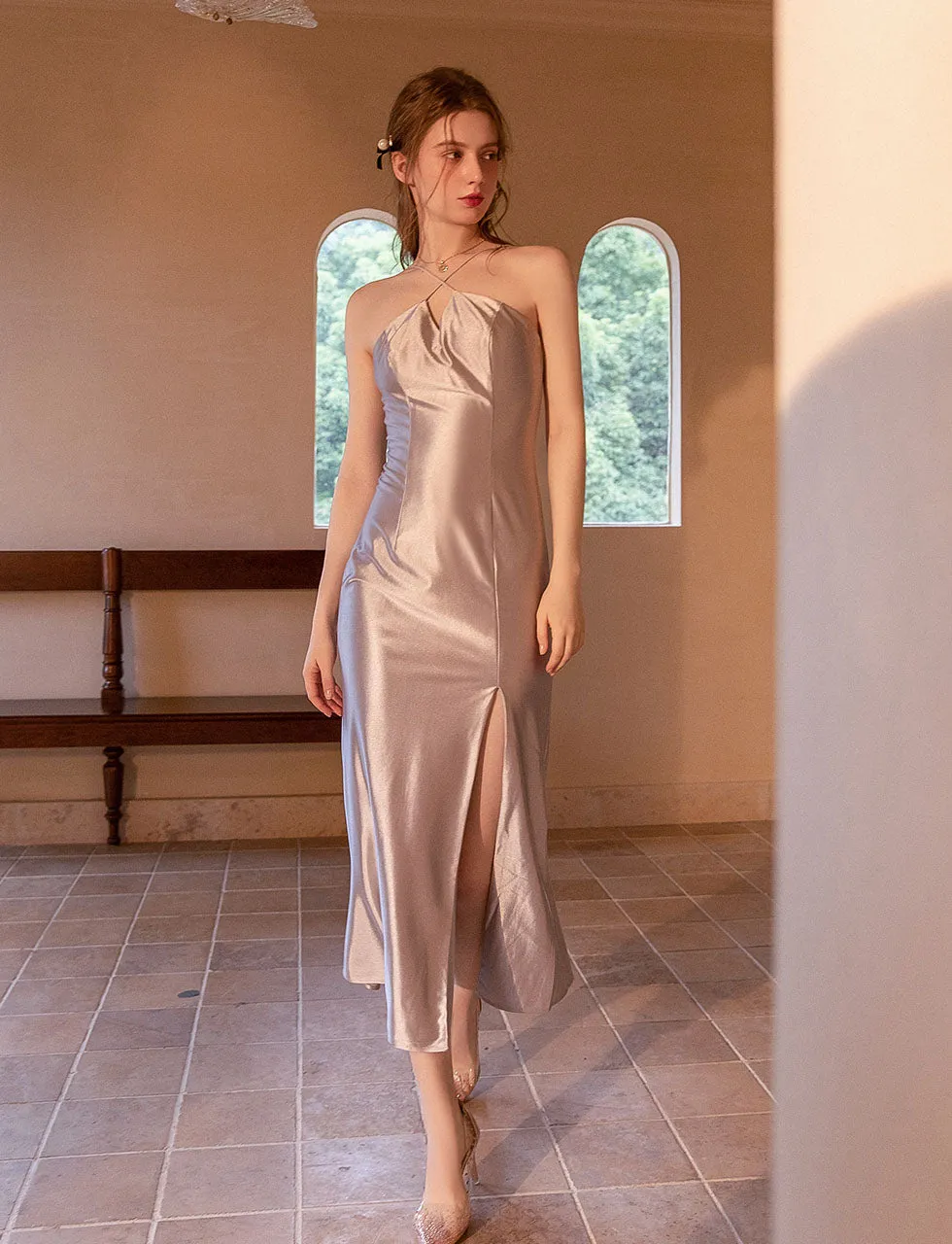 Pink Satin Split Sexy Bodycon Maxi Party Dress With Straps
