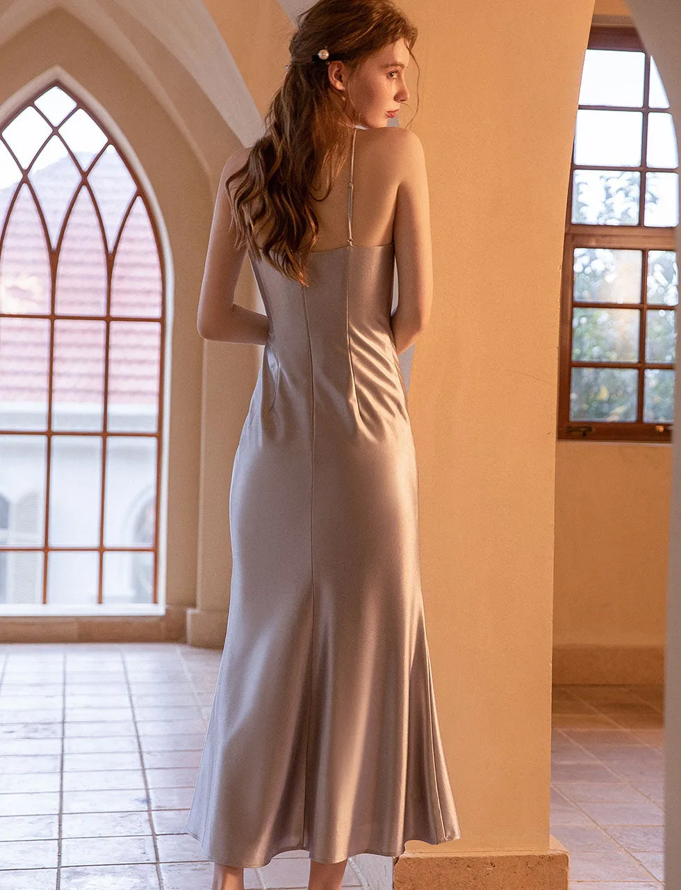 Pink Satin Split Sexy Bodycon Maxi Party Dress With Straps