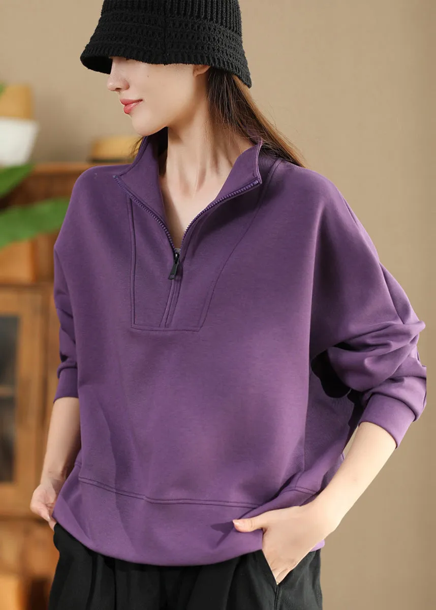 Plus Size Purple Zip Up Cotton Pullover Streetwear Spring