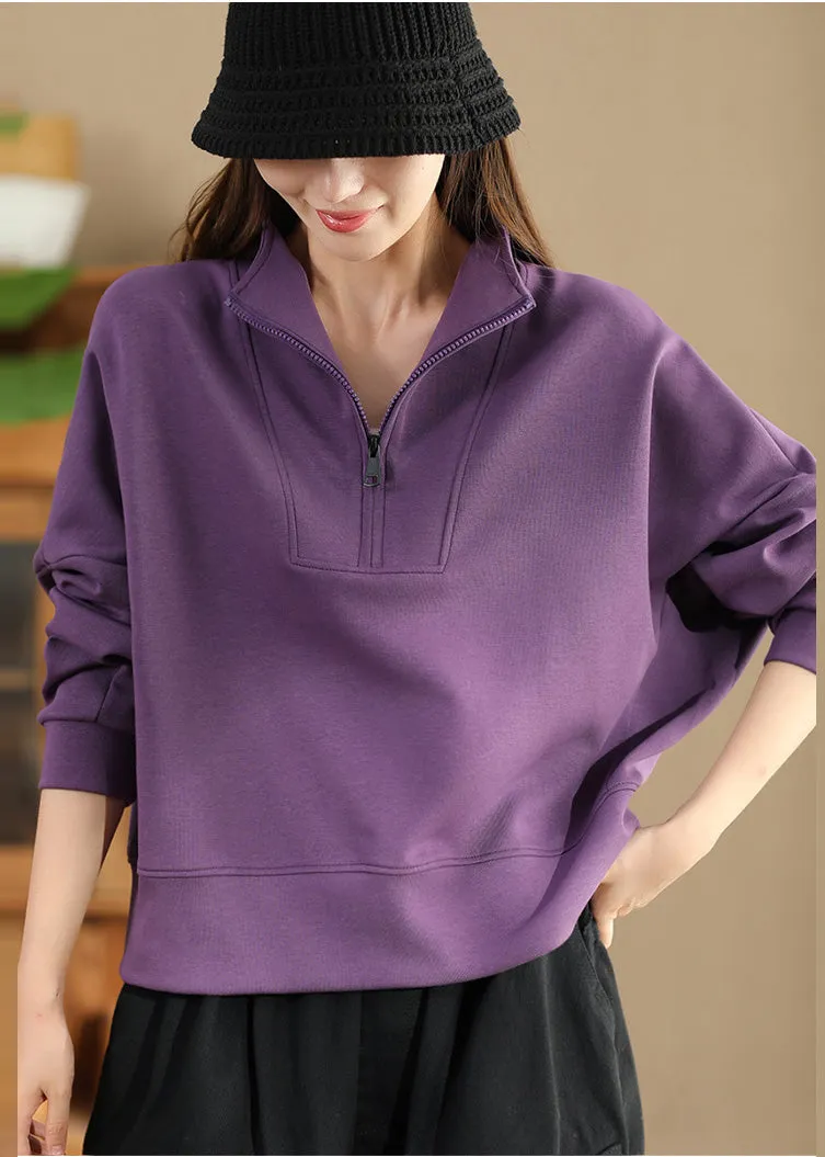 Plus Size Purple Zip Up Cotton Pullover Streetwear Spring