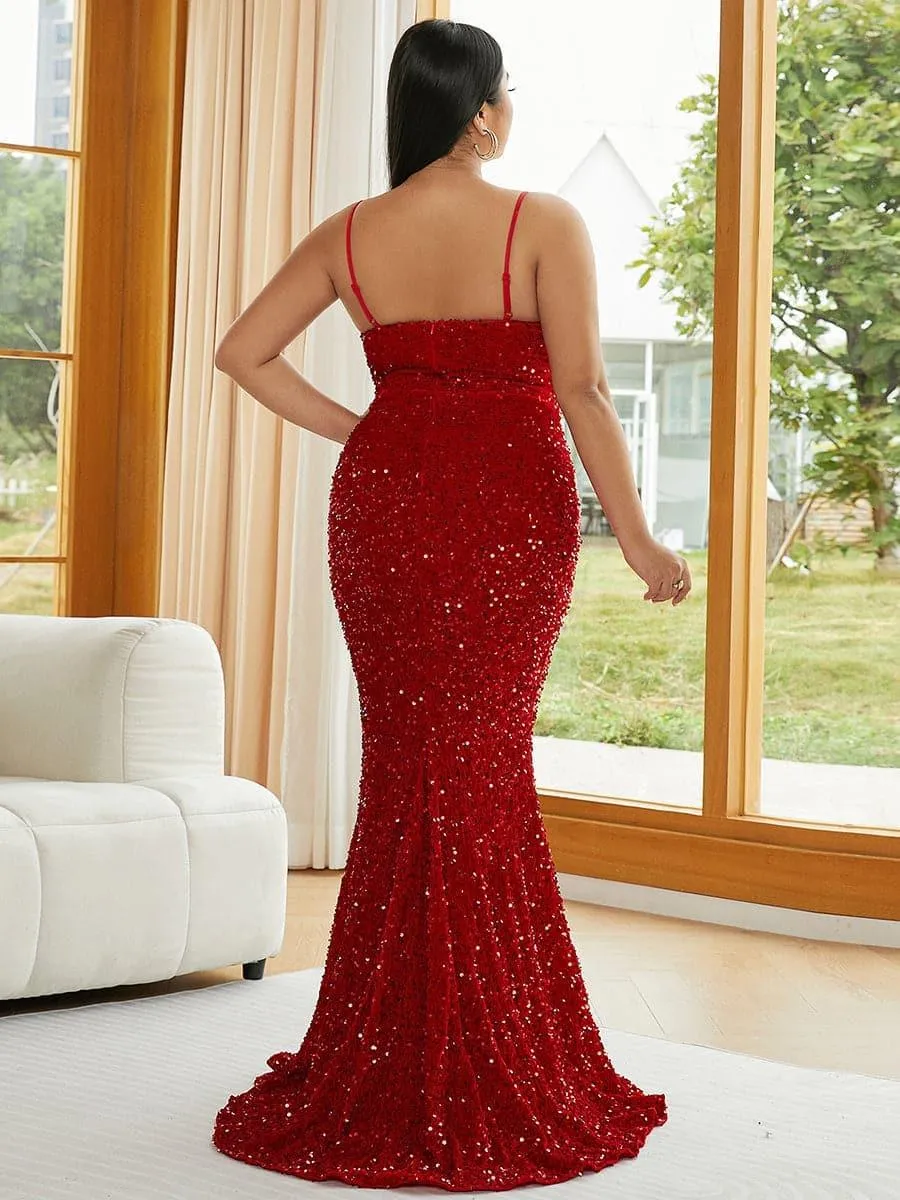 Plus Spaghetti Sequin Evening Dress PXJ1646