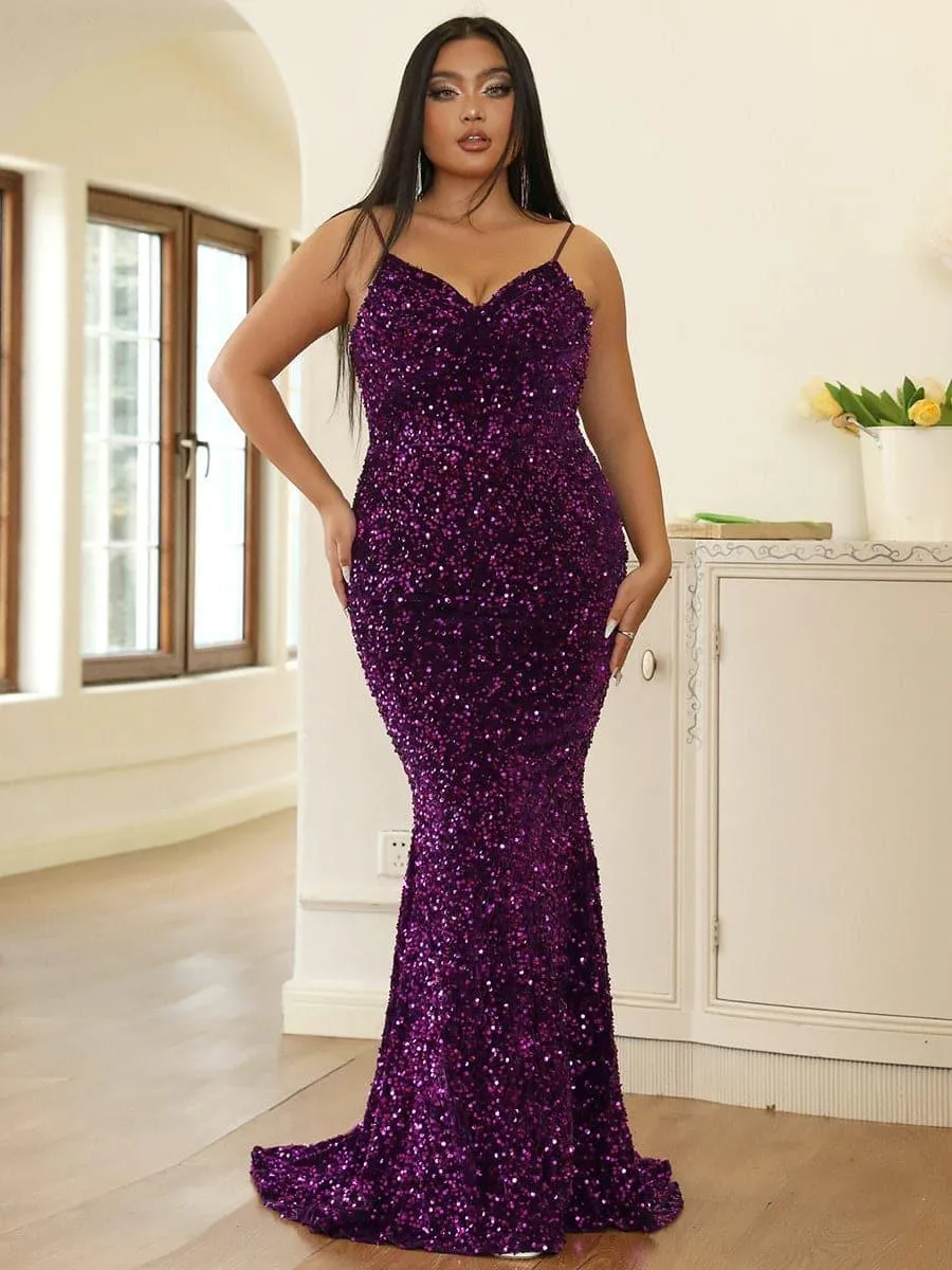 Plus Spaghetti Sequin Evening Dress PXJ1646