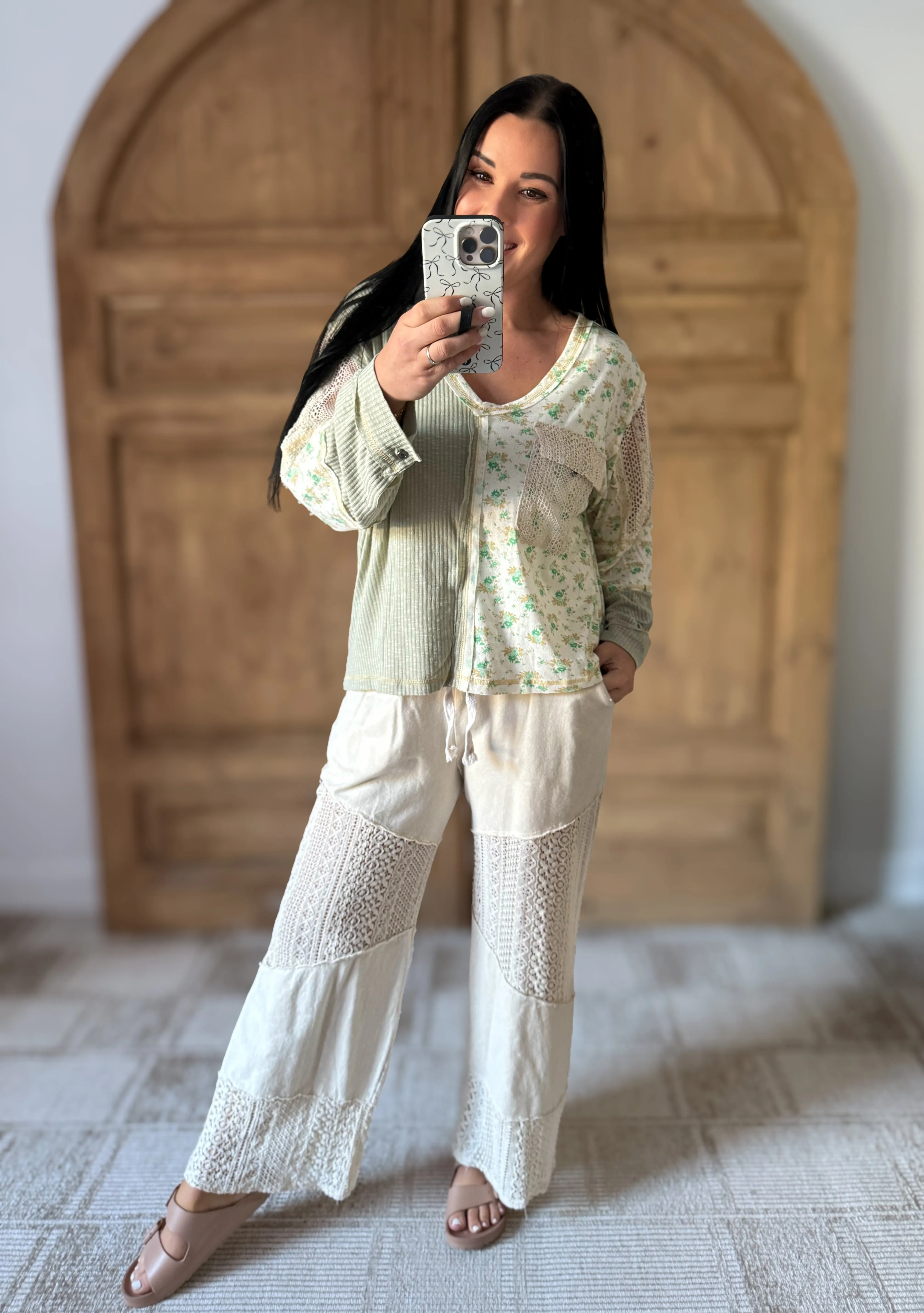 POL Floral Crochet Patch V-Neck Top