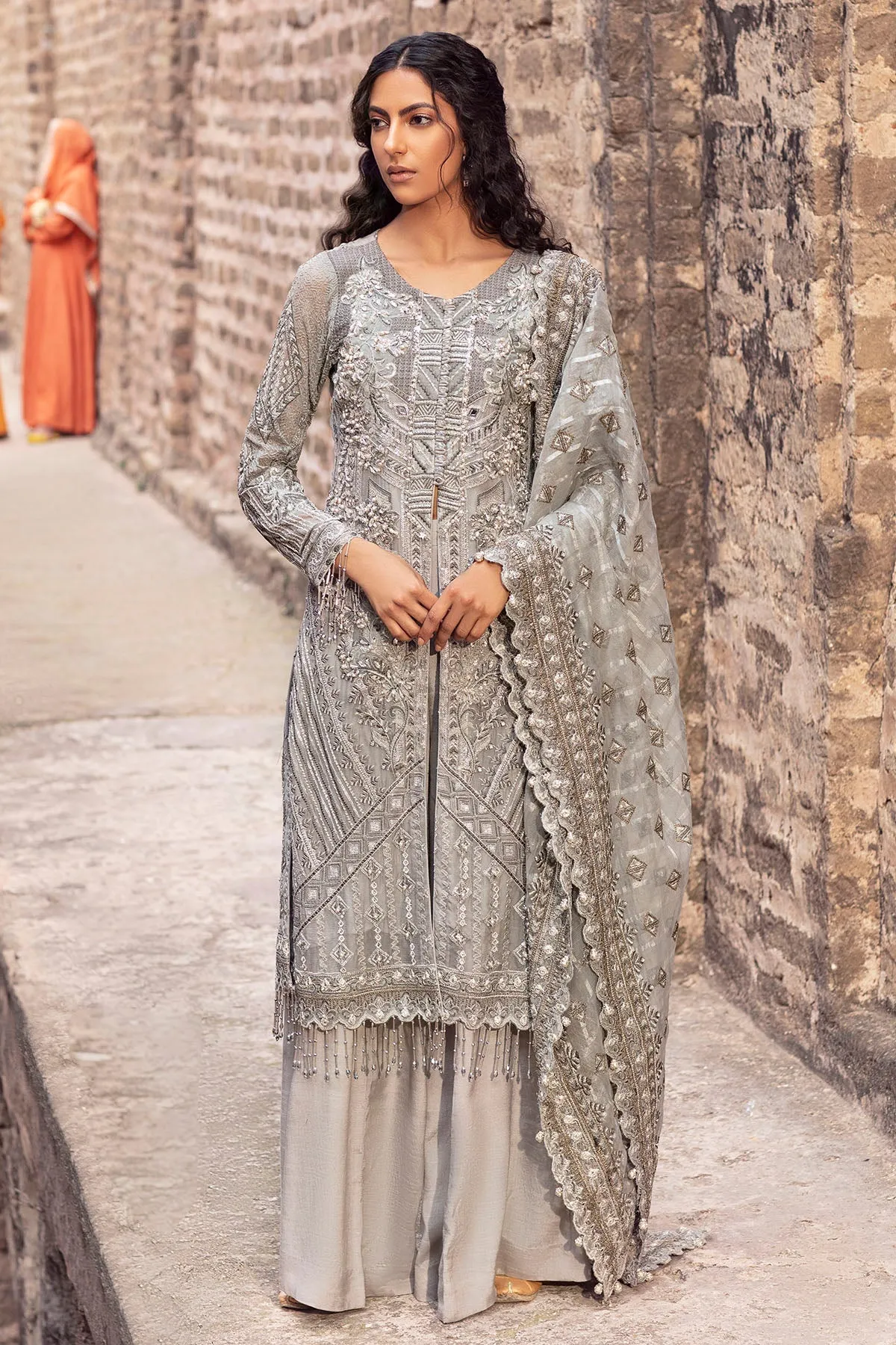 Premium Pakistani Eid Dress in Grey Kameez and Trousers Style
