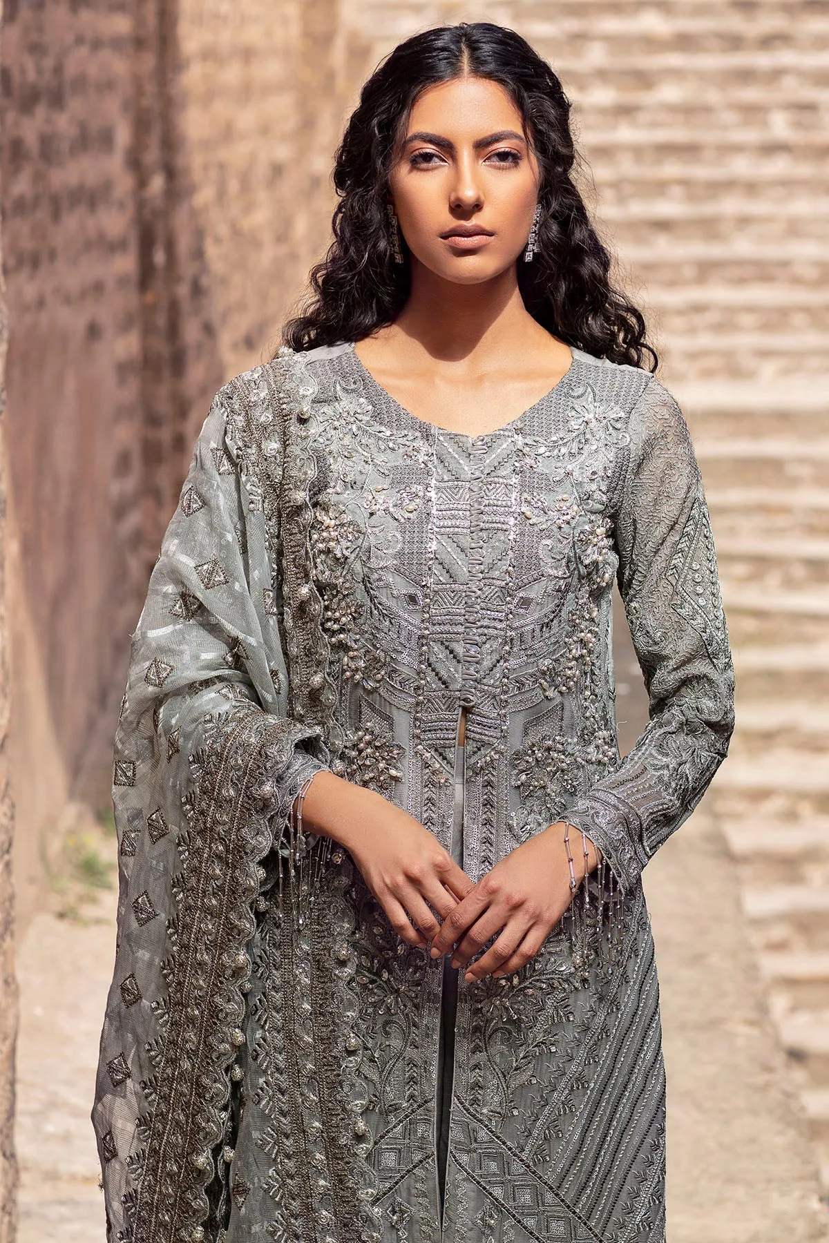 Premium Pakistani Eid Dress in Grey Kameez and Trousers Style