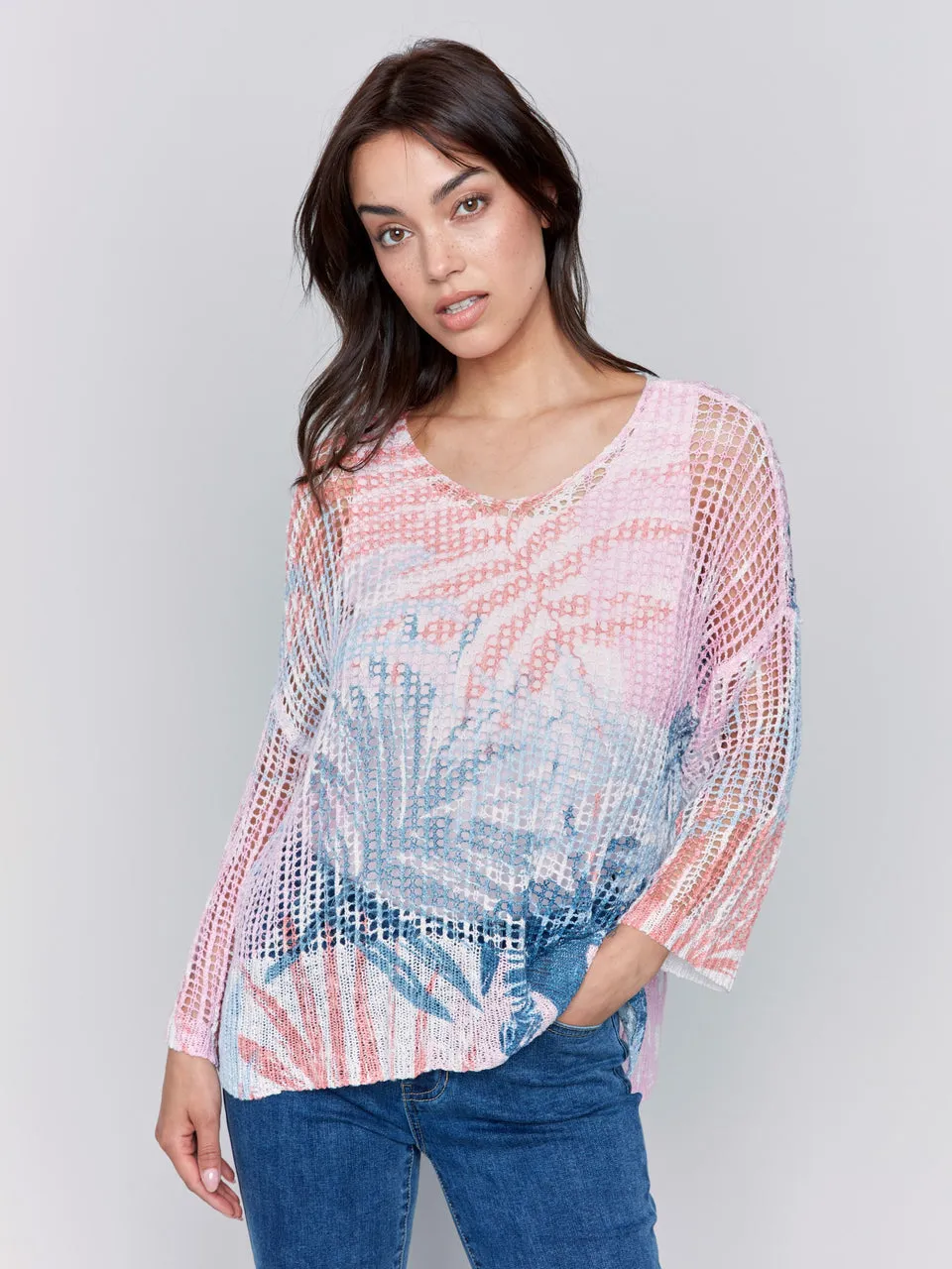 Printed Fishnet Crochet Sweater - Tropical