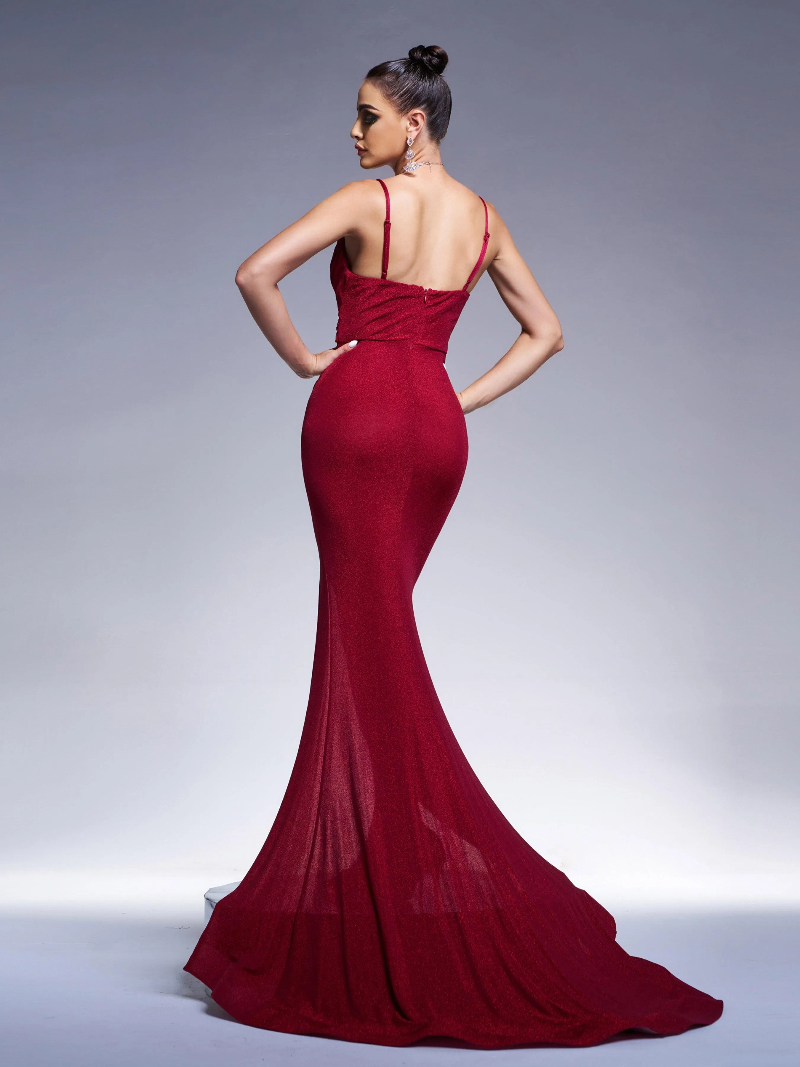 Red Ruched Rhinestone Split Formal Dress RJ12407