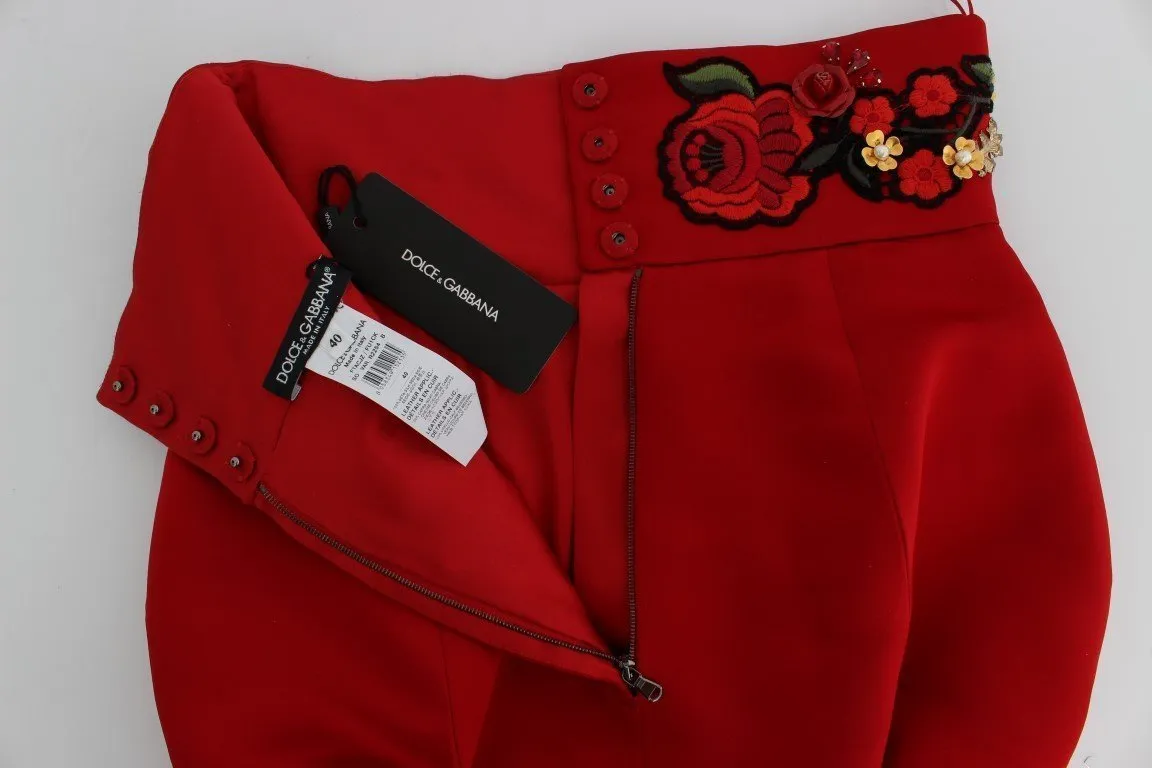 Red Silk Crystal Roses Gold Shorts