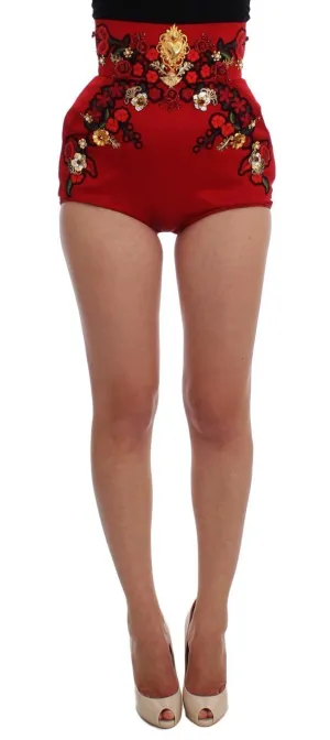 Red Silk Crystal Roses Gold Shorts