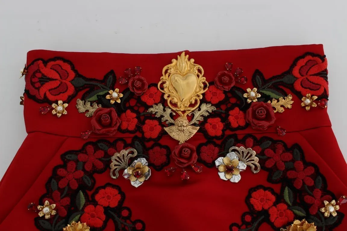 Red Silk Crystal Roses Gold Shorts