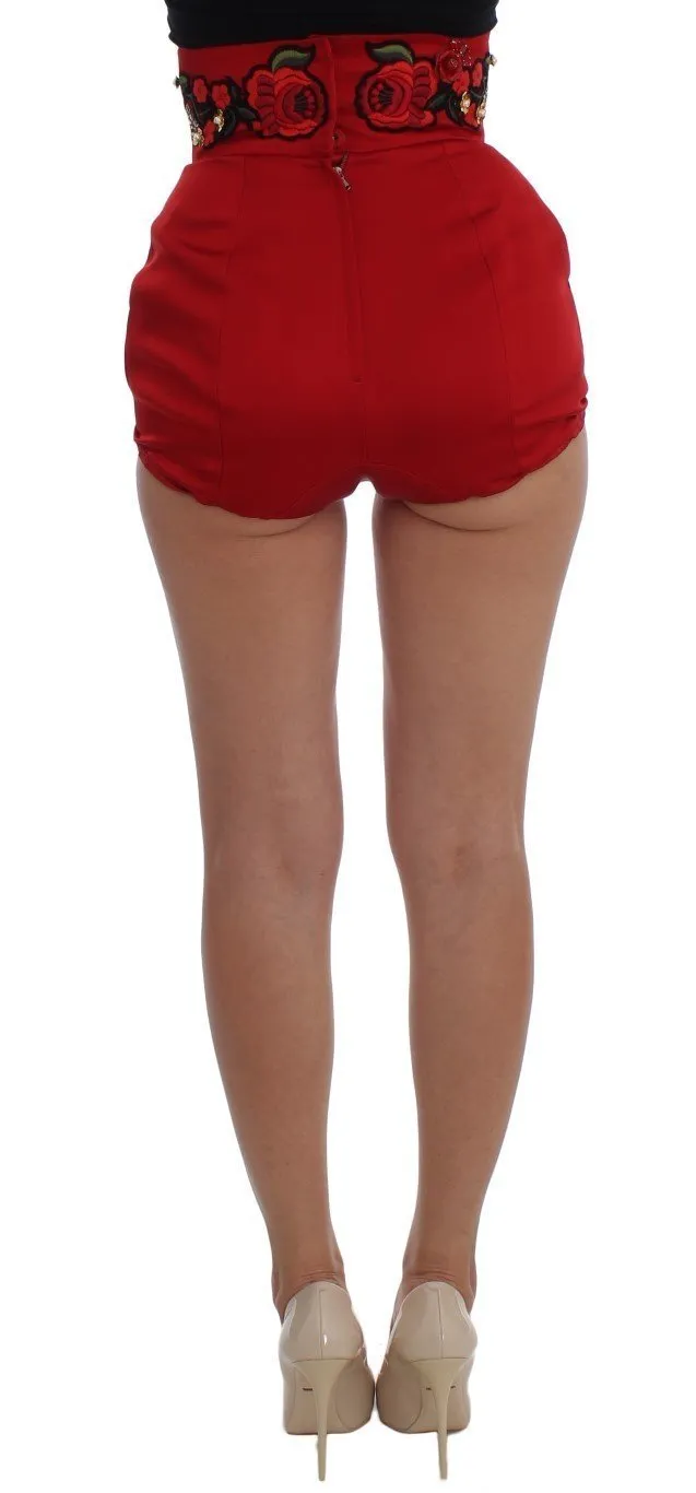 Red Silk Crystal Roses Gold Shorts