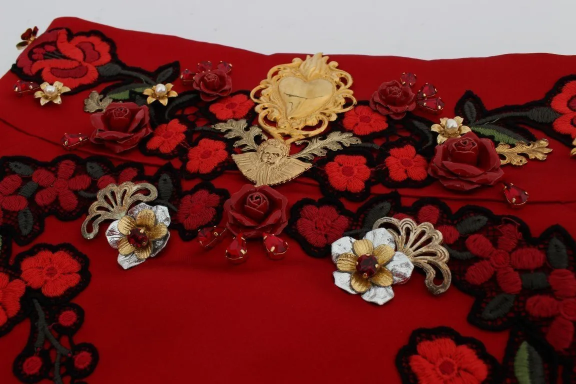 Red Silk Crystal Roses Gold Shorts
