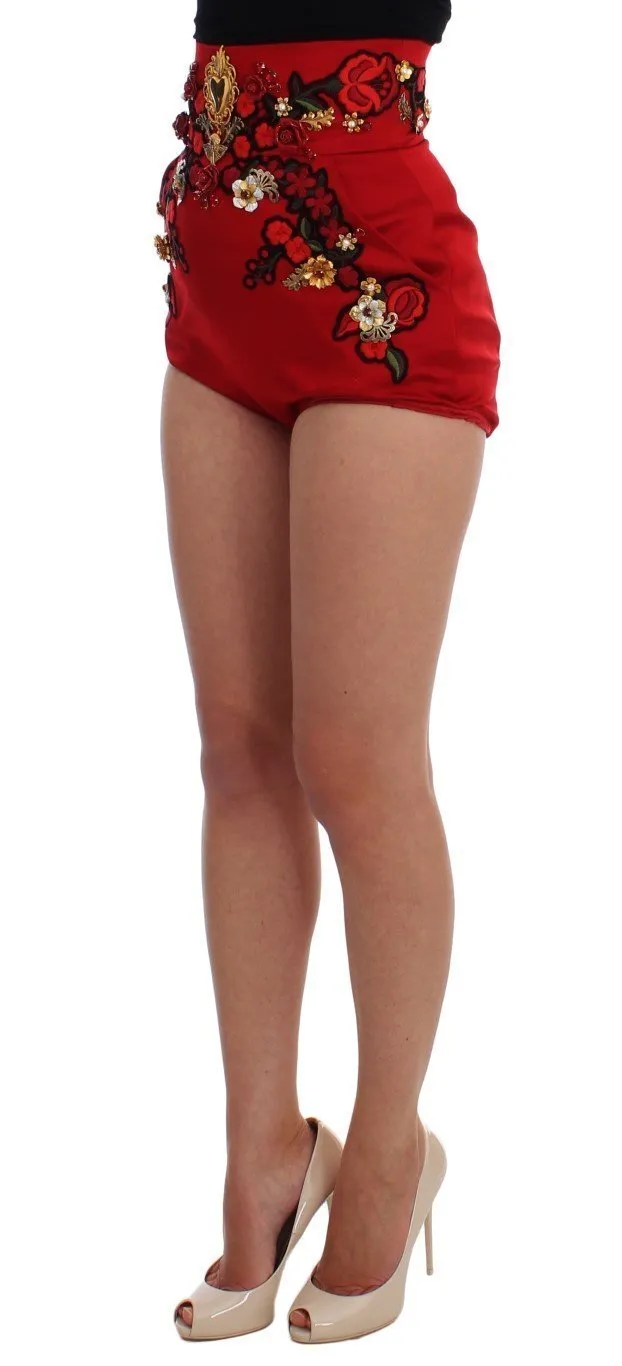 Red Silk Crystal Roses Gold Shorts