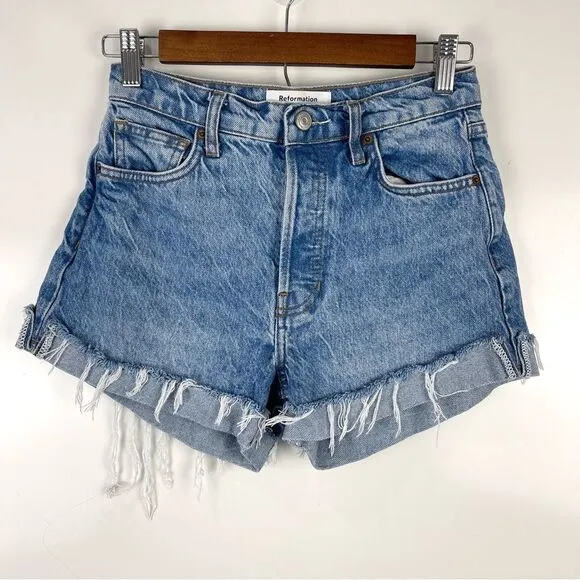 Reformation Jeans Charlie Cuffed High Rise Jean Shorts Distressed Women's Sz 24
