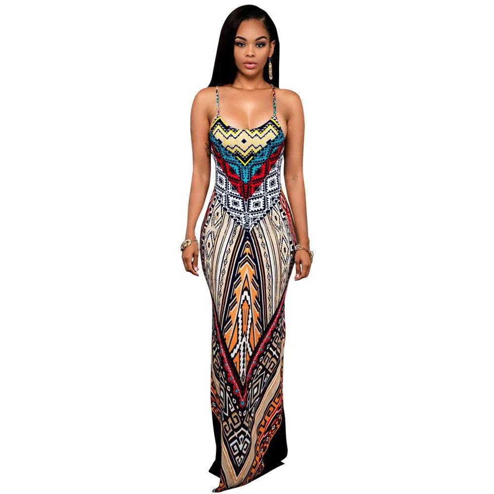 Robe Long Dresses Sleeveless Backless Two Front Splits Spaghetti Strap Slit Design Printed Maxi Summer Women Dress