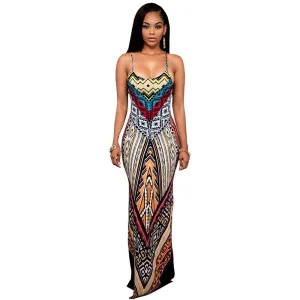 Robe Long Dresses Sleeveless Backless Two Front Splits Spaghetti Strap Slit Design Printed Maxi Summer Women Dress