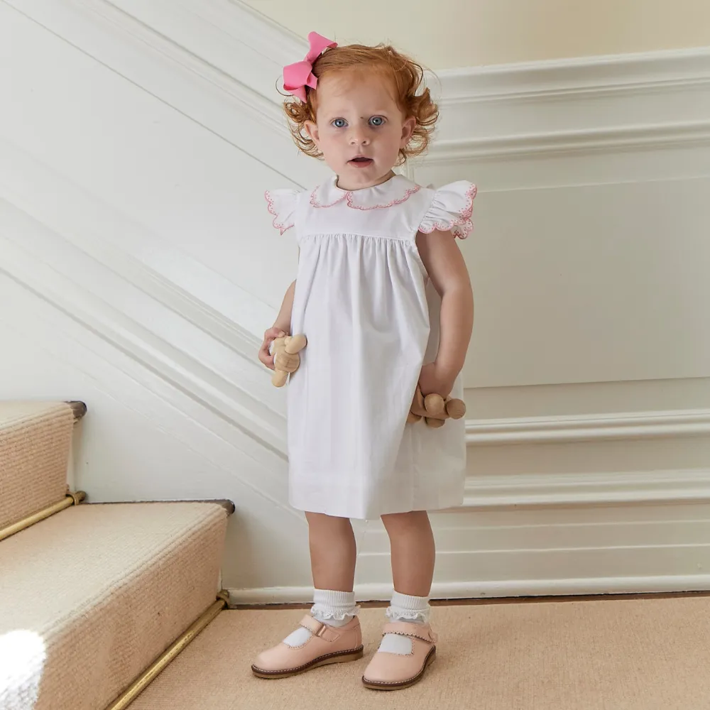 Rose Embroidered Dress -- White w/ Pink