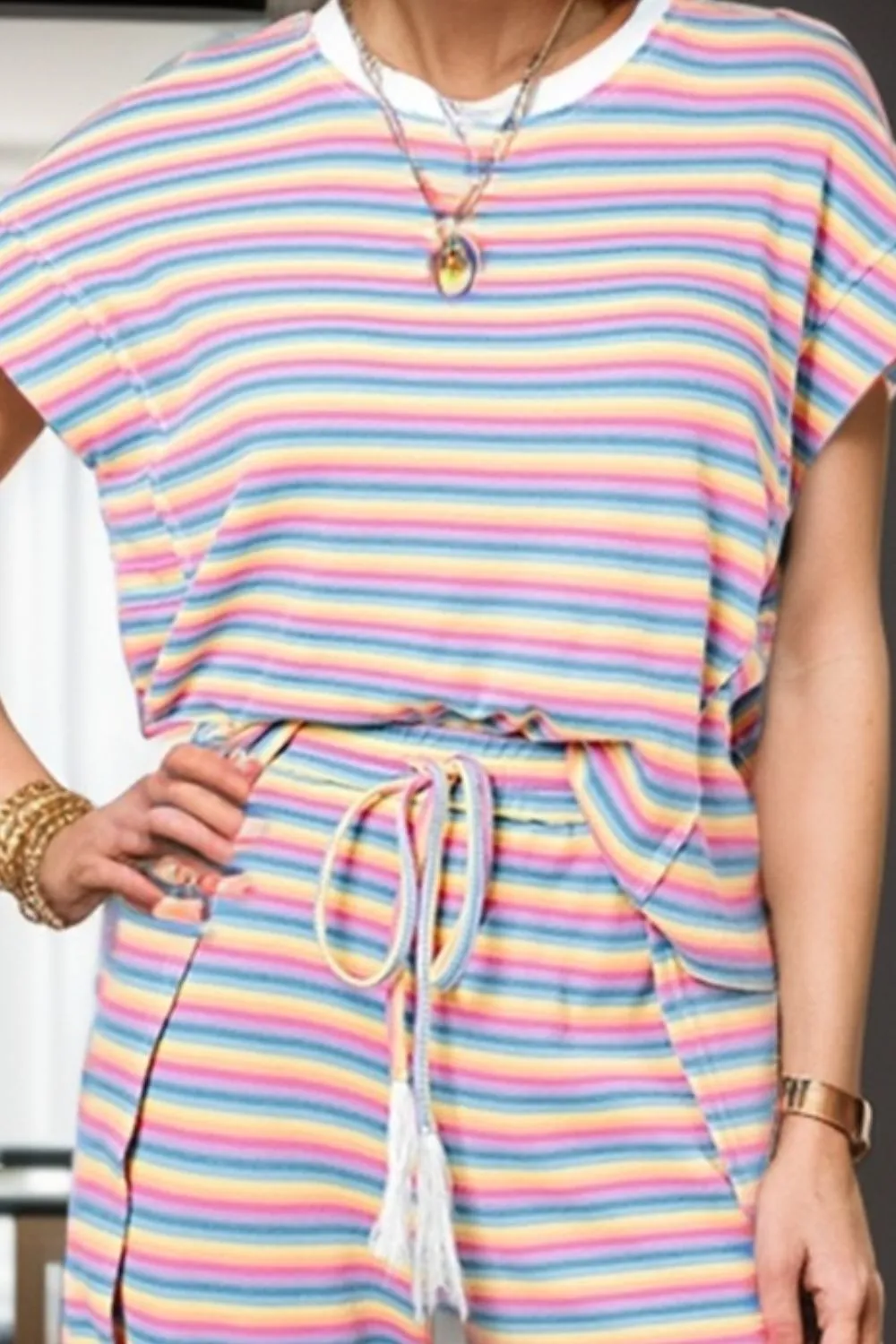 Rowlen Striped Round Neck Top and Drawstring Pants Set