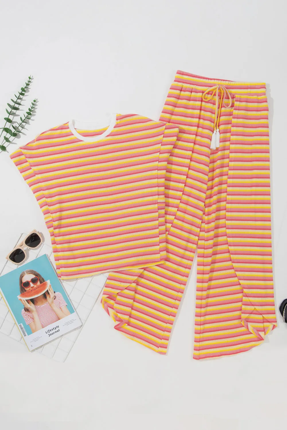 Rowlen Striped Round Neck Top and Drawstring Pants Set