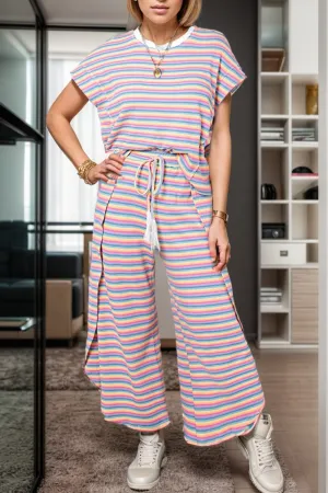 Rowlen Striped Round Neck Top and Drawstring Pants Set
